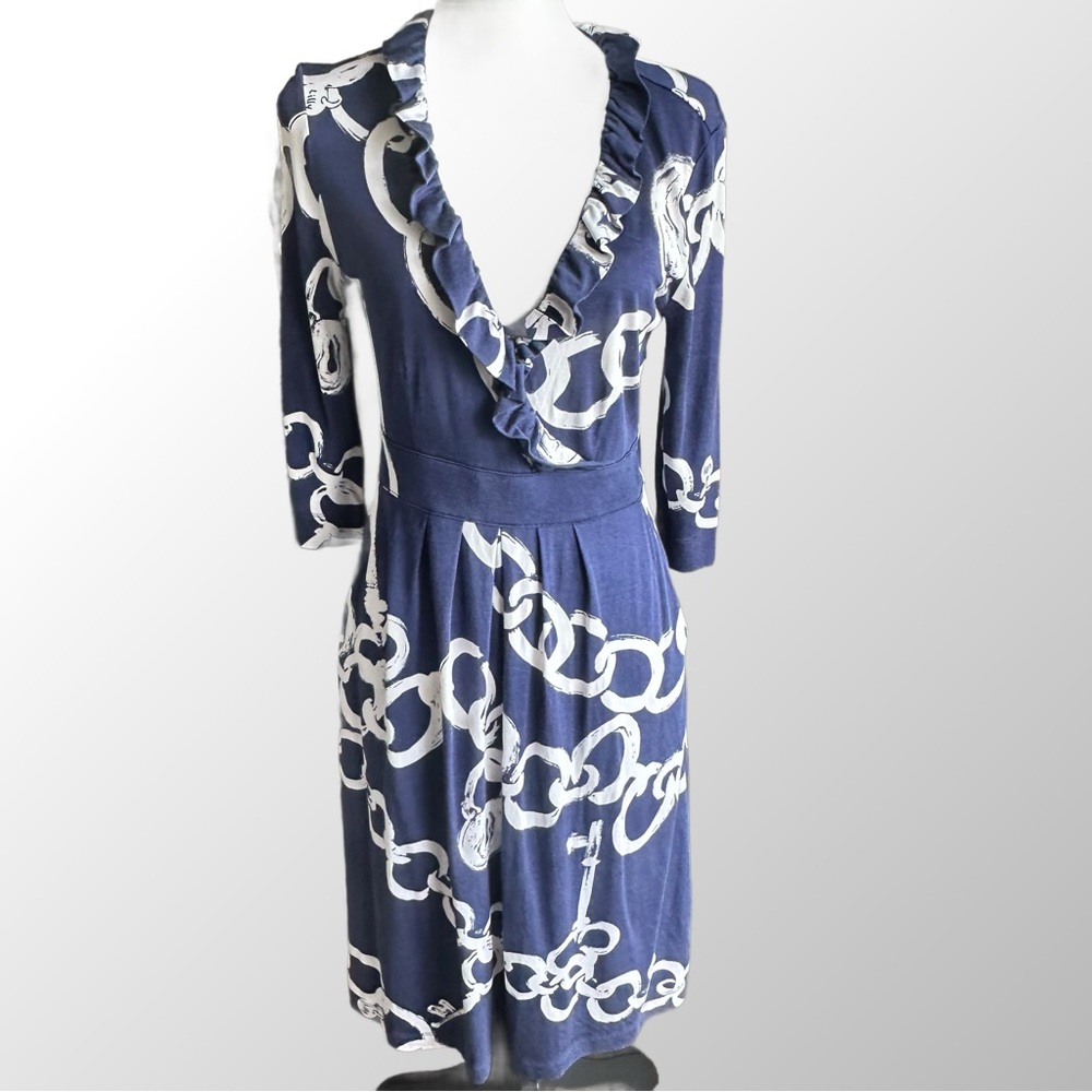 Lilly Pulitzer Navy & White Silk Blend Blayney Ruffled Faux Wrap Dress in Small